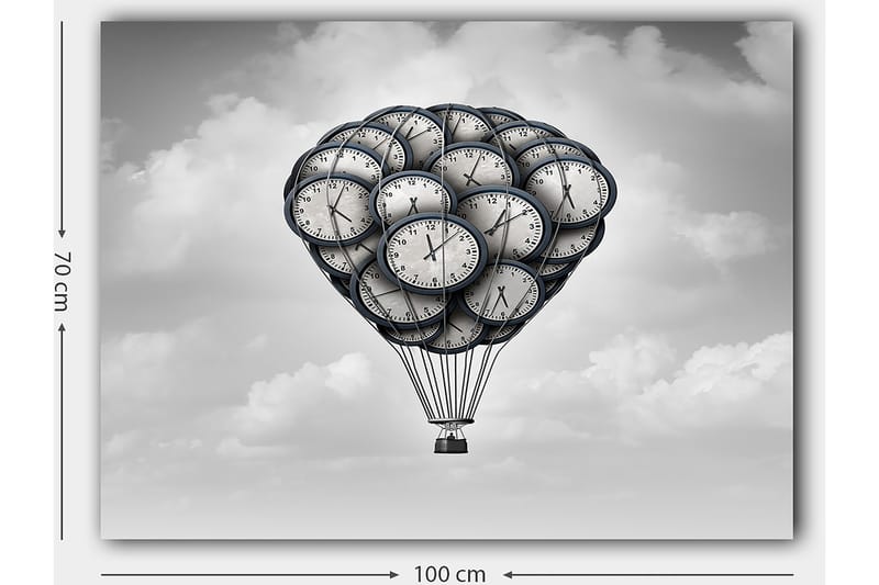 Lærred 70x100 cm - Varmluftballon formet af klokker, der svæver i en drømmeagtig himmel - Grå / Sort / Hvid - Boligtilbehør - Billeder & kunst - Billeder på lærred