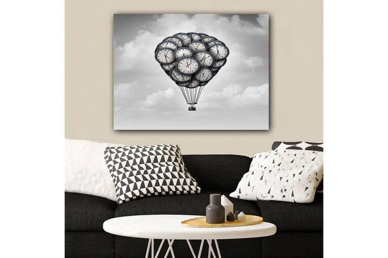 Lærred 70x100 cm - Varmluftballon formet af klokker, der svæver i en drømmeagtig himmel - Grå / Sort / Hvid - Boligtilbehør - Billeder & kunst - Billeder på lærred
