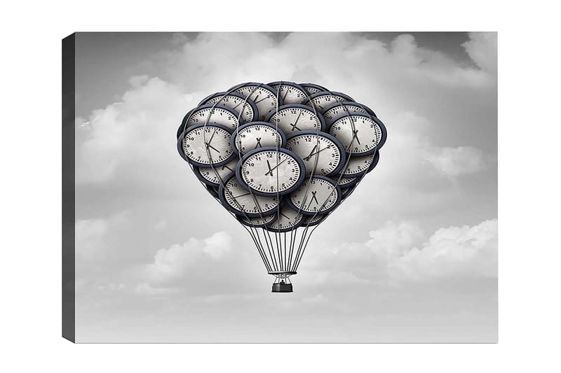 Lærred 70x100 cm - Varmluftballon formet af klokker, der svæver i en drømmeagtig himmel, Grå / Sort / Hvid