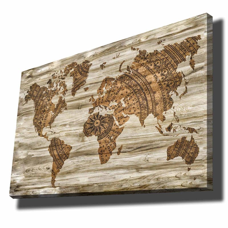Lærred 70x100 cm - Verdenskort i et dekorativt og stiliseret design med detaljerede mønstre, Brun / Beige
