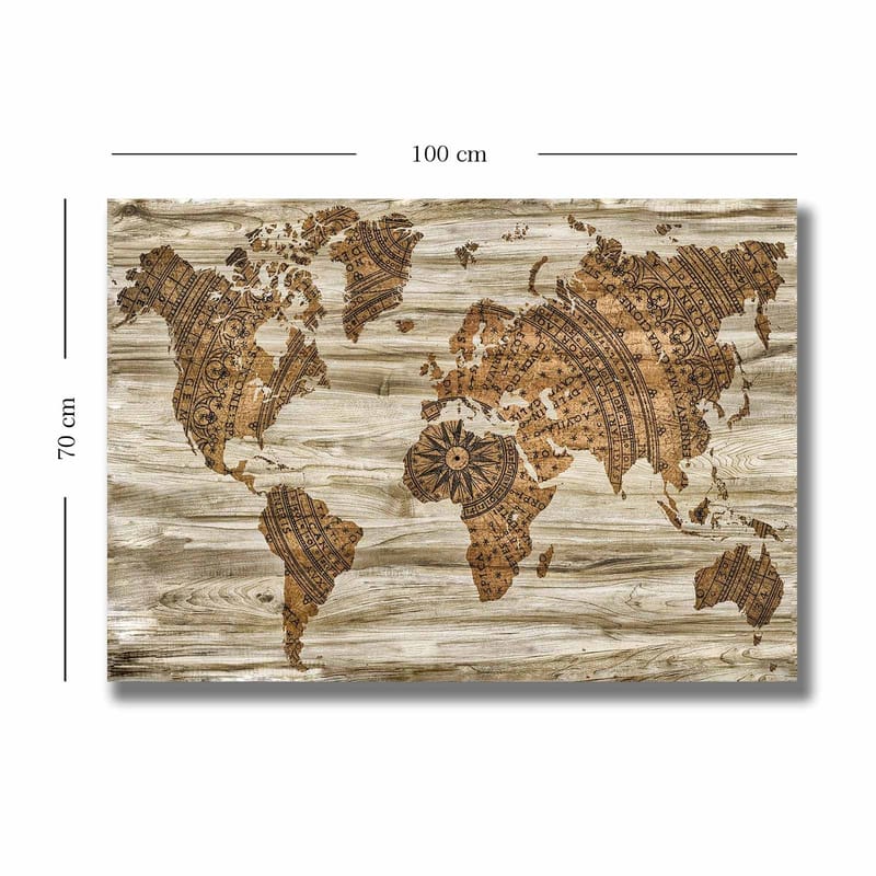 Lærred 70x100 cm - Verdenskort i et dekorativt og stiliseret design med detaljerede mønstre - Brun / Beige - Boligtilbehør - Billeder & kunst - Billeder på lærred