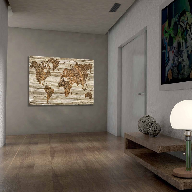Lærred 70x100 cm - Verdenskort i et dekorativt og stiliseret design med detaljerede mønstre - Brun / Beige - Boligtilbehør - Billeder & kunst - Billeder på lærred
