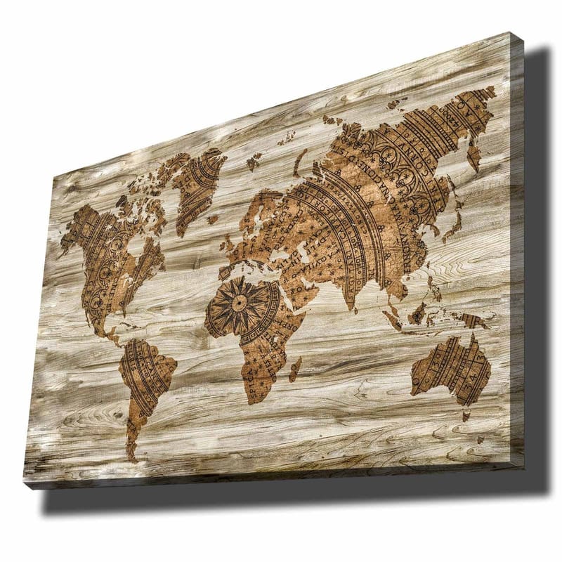 Lærred 70x100 cm - Verdenskort i et dekorativt og stiliseret design med detaljerede mønstre, Brun / Beige