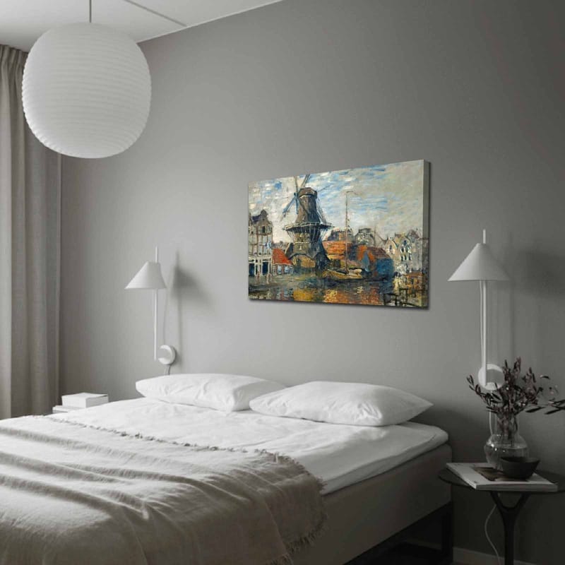 Lærred 70x100 cm - Vindmølle ved vand omgivet af maleriske bygninger, Blå / Grøn / Orange