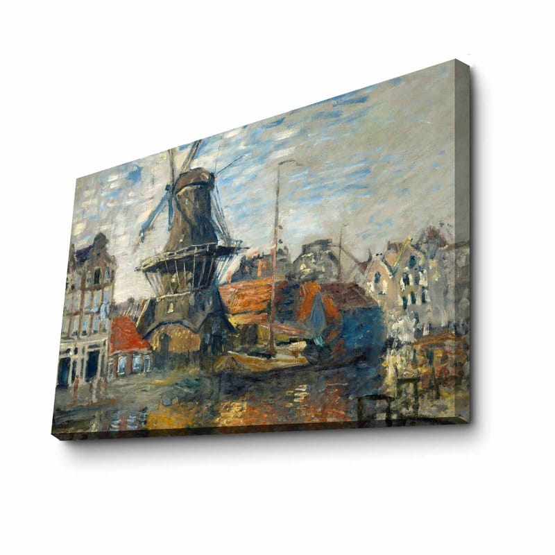 Lærred 70x100 cm - Vindmølle ved vand omgivet af maleriske bygninger - Blå / Grøn / Orange - Boligtilbehør - Billeder & kunst - Billeder på lærred