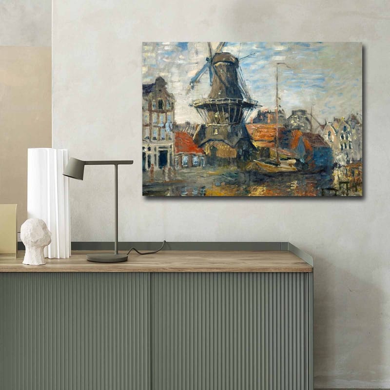 Lærred 70x100 cm - Vindmølle ved vand omgivet af maleriske bygninger - Blå / Grøn / Orange - Boligtilbehør - Billeder & kunst - Billeder på lærred