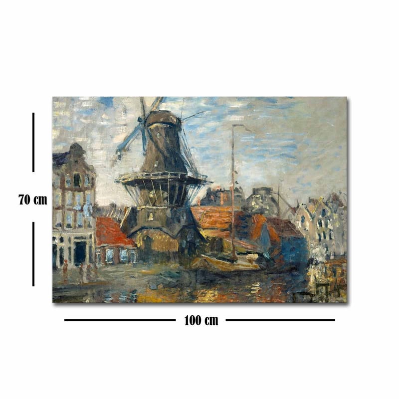 Lærred 70x100 cm - Vindmølle ved vand omgivet af maleriske bygninger - Blå / Grøn / Orange - Boligtilbehør - Billeder & kunst - Billeder på lærred