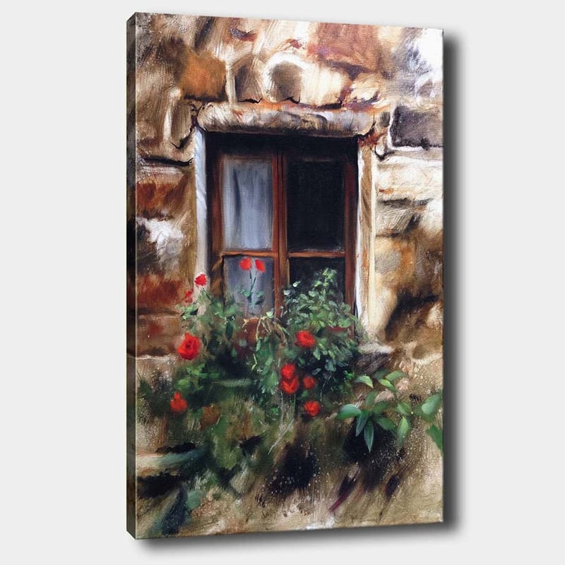 Lærred 70x100 cm - Vindue med blomsterpotte fyldt med røde roser, Rød / Grøn / Beige