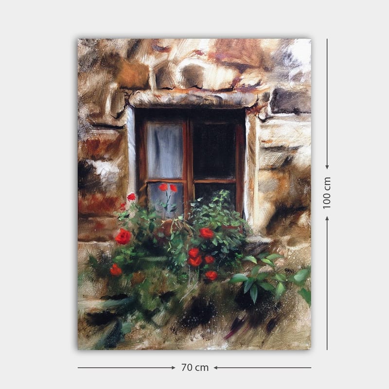 Lærred 70x100 cm - Vindue med blomsterpotte fyldt med røde roser - Rød / Grøn / Beige - Boligtilbehør - Billeder & kunst - Billeder på lærred