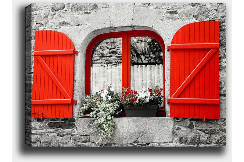 Lærred 70x100 cm - Vindue med røde skodder og blomster i en grå stenmur - Rød / Grå - Boligtilbehør - Billeder & kunst - Billeder på lærred