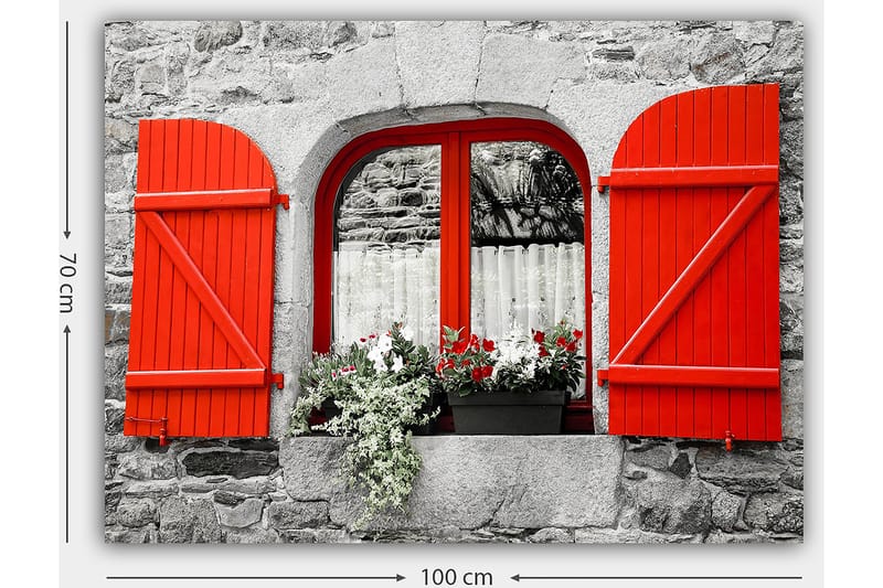 Lærred 70x100 cm - Vindue med røde skodder og blomster i en grå stenmur - Rød / Grå - Boligtilbehør - Billeder & kunst - Billeder på lærred