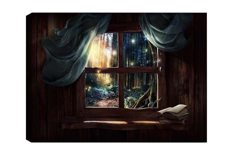 Lærred 70x100 cm - Vindueudsigt over en mystisk skov med lysstråler, der siver gennem træerne, Mørkegrøn / Brun / Lyseblå
