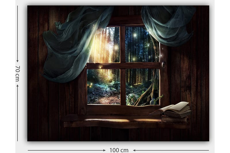 Lærred 70x100 cm - Vindueudsigt over en mystisk skov med lysstråler, der siver gennem træerne - Mørkegrøn / Brun / Lyseblå - Boligtilbehør - Billeder & kunst - Billeder på lærred