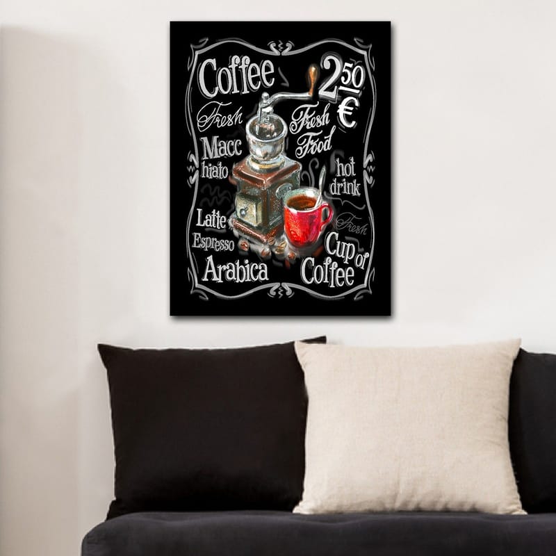 Lærred 70x100 cm - Vintage kaffekværn med en rød kop kaffe foran - Rød / Brun / Sort - Boligtilbehør - Billeder & kunst - Billeder på lærred