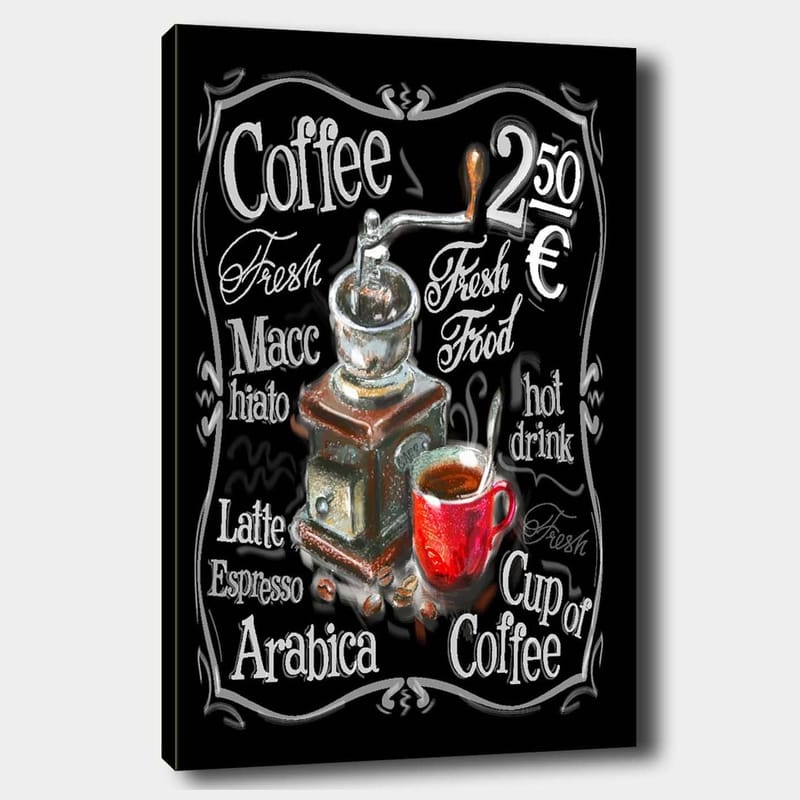 Lærred 70x100 cm - Vintage kaffekværn med en rød kop kaffe foran, Rød / Brun / Sort