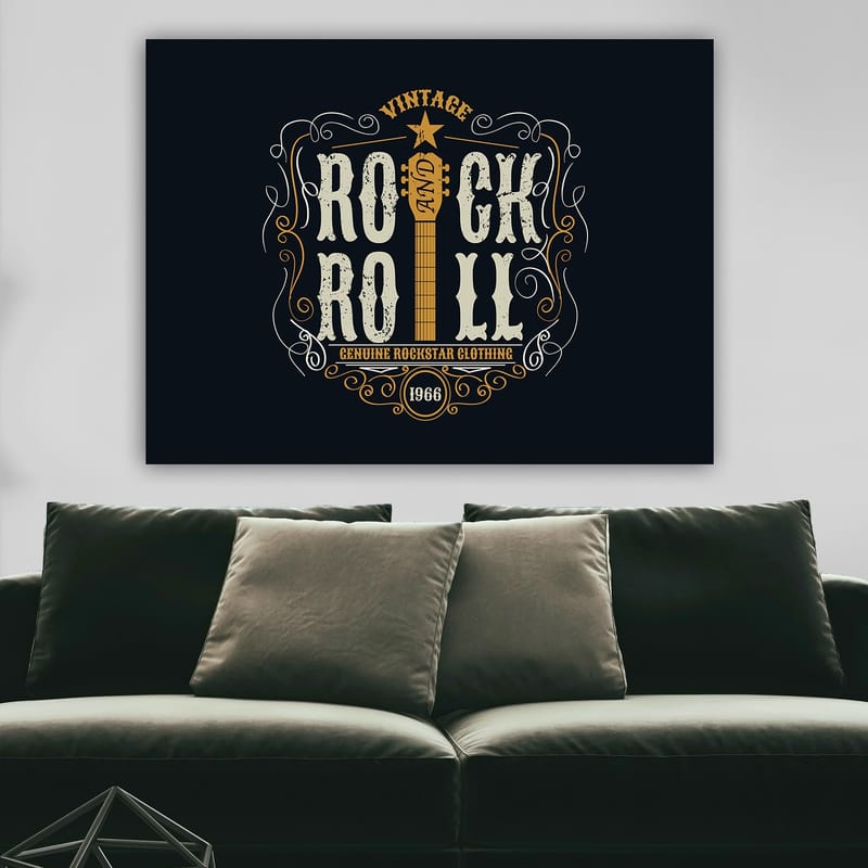 Lærred 70x100 cm - Vintage rock and roll-design med en guitar og dekorative elementer - Mørkeblå / Beige / Hvid - Boligtilbehør - Billeder & kunst - Billeder på lærred
