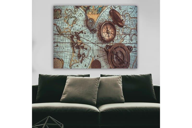 Lærred 70x100 cm - Vintage verdenskort med kompasser og nøgler som hovedmotiv - Blå / Brun / Guld - Boligtilbehør - Billeder & kunst - Billeder på lærred