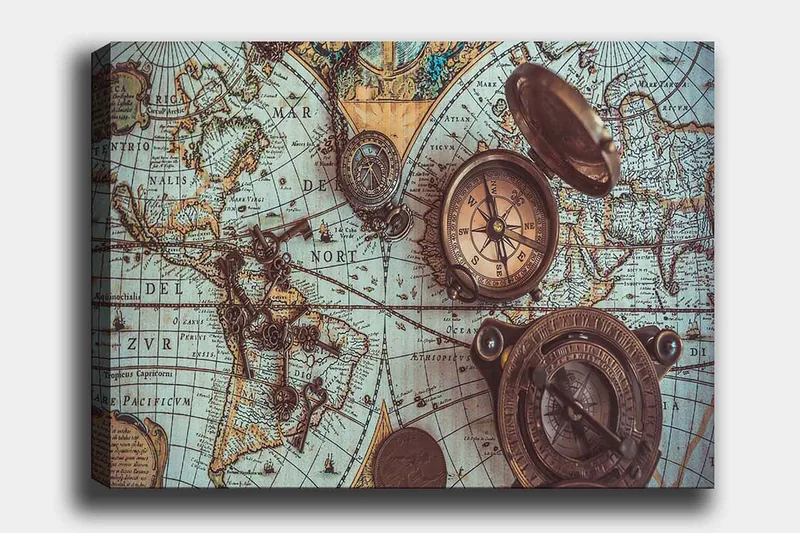 Lærred 70x100 cm - Vintage verdenskort med kompasser og nøgler som hovedmotiv, Blå / Brun / Guld
