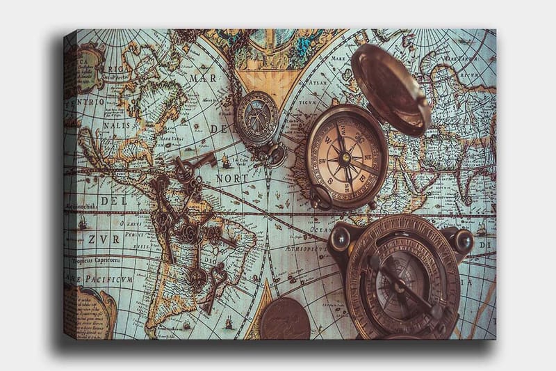 Lærred 70x100 cm - Vintage verdenskort med kompasser og nøgler som hovedmotiv, Blå / Brun / Guld
