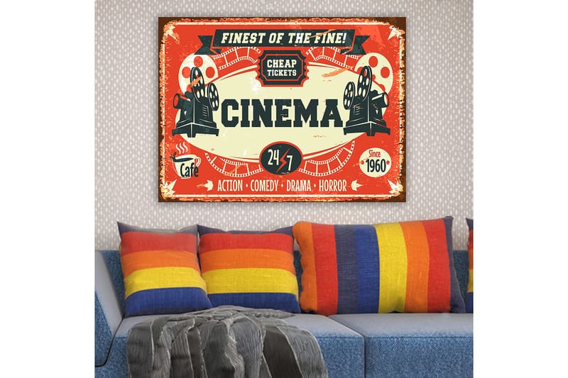 Lærred 70x100 cm - Vintage plakat, der reklamerer for en biograf med fokus på film og underholdning - Rød / Sort / Beige - Boligtilbehør - Billeder & kunst - Billeder på lærred