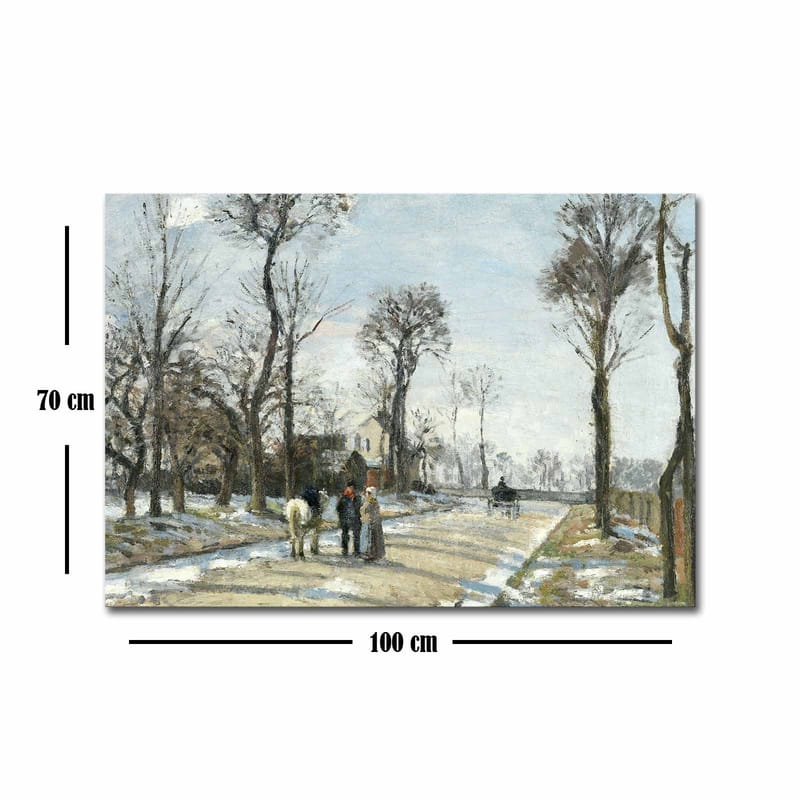 Lærred 70x100 cm - Vinterlandskab med mennesker, der går langs en snedækket vej omgivet af træer - Grå / Hvid / Brun - Boligtilbehør - Billeder & kunst - Billeder på lærred