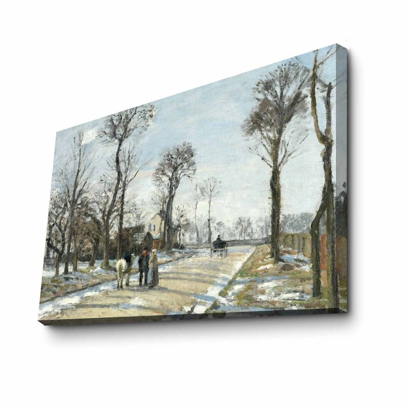 Lærred 70x100 cm - Vinterlandskab med mennesker, der går langs en snedækket vej omgivet af træer, Grå / Hvid / Brun