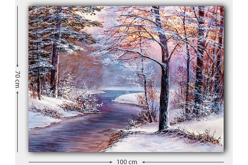 Lærred 70x100 cm - Vinterlandskab med snedækkede træer og en spejlblank flod - Hvid / Lyseblå / Lys pink - Boligtilbehør - Billeder & kunst - Billeder på lærred
