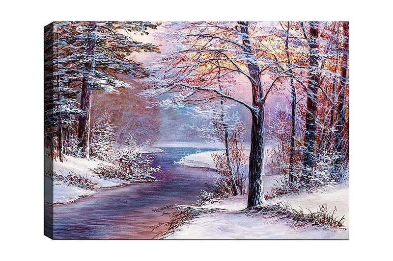 Lærred 70x100 cm - Vinterlandskab med snedækkede træer og en spejlblank flod, Hvid / Lyseblå / Lys pink