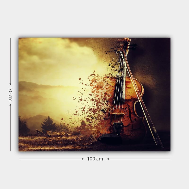 Lærred 70x100 cm - Violin delvist opløst i en drømmeagtig landskabsscene - Guld / Brun / Sort - Boligtilbehør - Billeder & kunst - Billeder på lærred