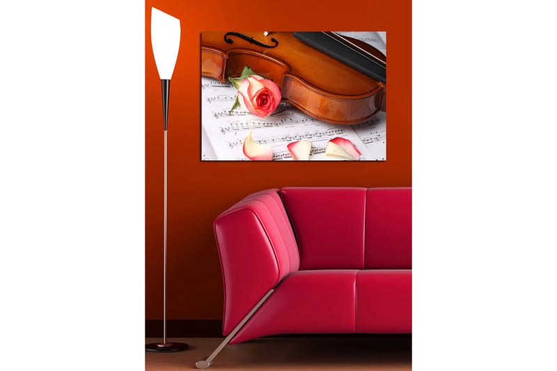 Lærred 70x100 cm - Violin med en rose og rosenblade på et nodeark - Rød / Beige / Brun - Boligtilbehør - Billeder & kunst - Billeder på lærred