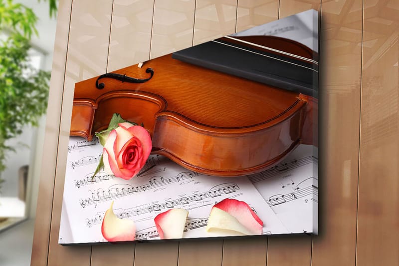 Lærred 70x100 cm - Violin med en rose og rosenblade på et nodeark - Rød / Beige / Brun - Boligtilbehør - Billeder & kunst - Billeder på lærred