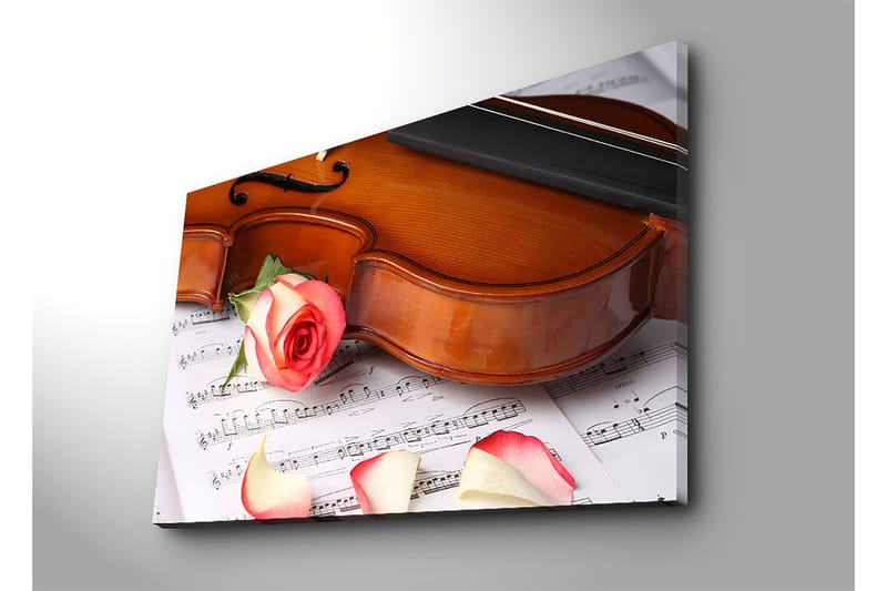 Lærred 70x100 cm - Violin med en rose og rosenblade på et nodeark - Rød / Beige / Brun - Boligtilbehør - Billeder & kunst - Billeder på lærred