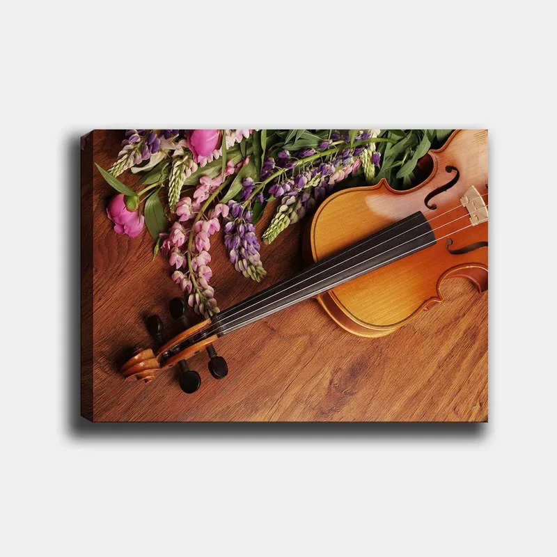 Lærred 70x100 cm - Violin omgivet af farverige blomster, Lilla / Lyserød / Brun