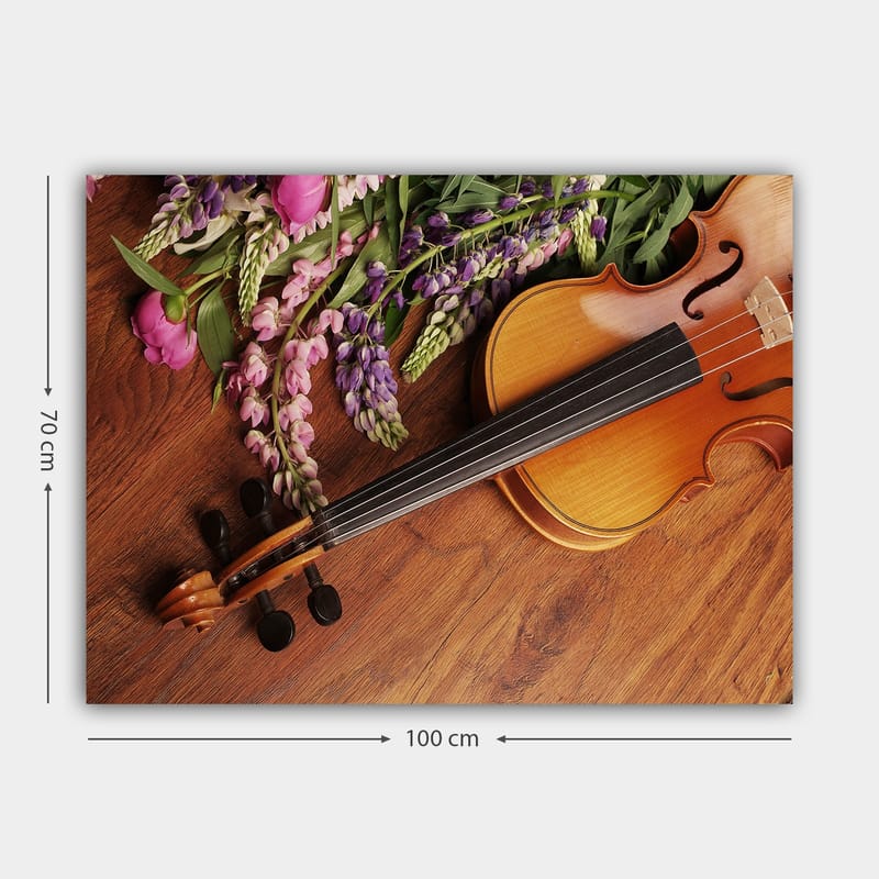 Lærred 70x100 cm - Violin omgivet af farverige blomster - Lilla / Lyserød / Brun - Boligtilbehør - Billeder & kunst - Billeder på lærred