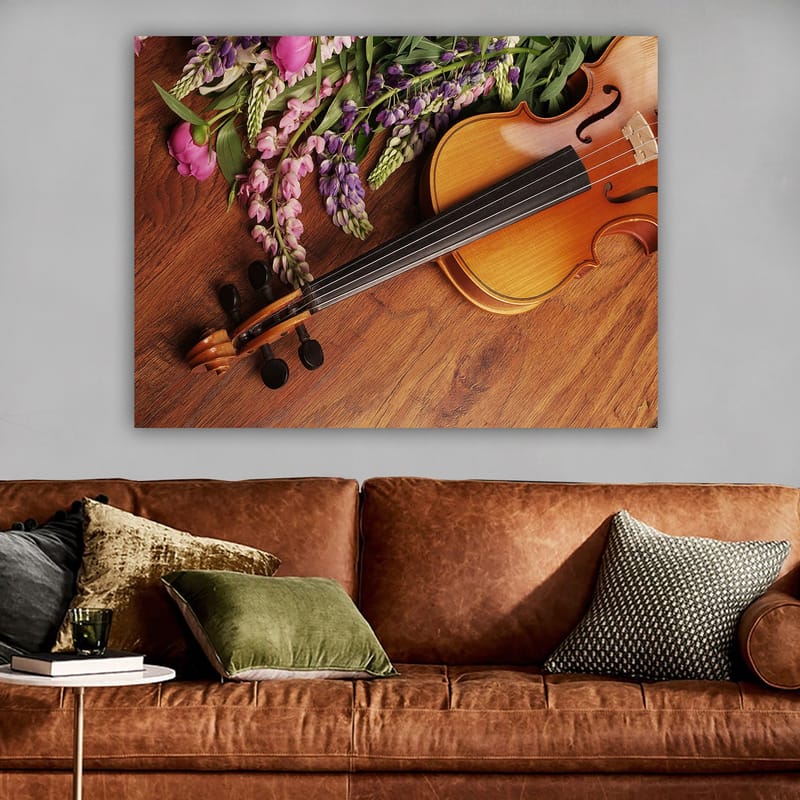 Lærred 70x100 cm - Violin omgivet af farverige blomster - Lilla / Lyserød / Brun - Boligtilbehør - Billeder & kunst - Billeder på lærred