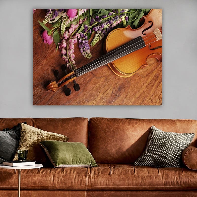 Lærred 70x100 cm - Violin omgivet af farverige blomster - Lilla / Lyserød / Brun - Boligtilbehør - Billeder & kunst - Billeder på lærred