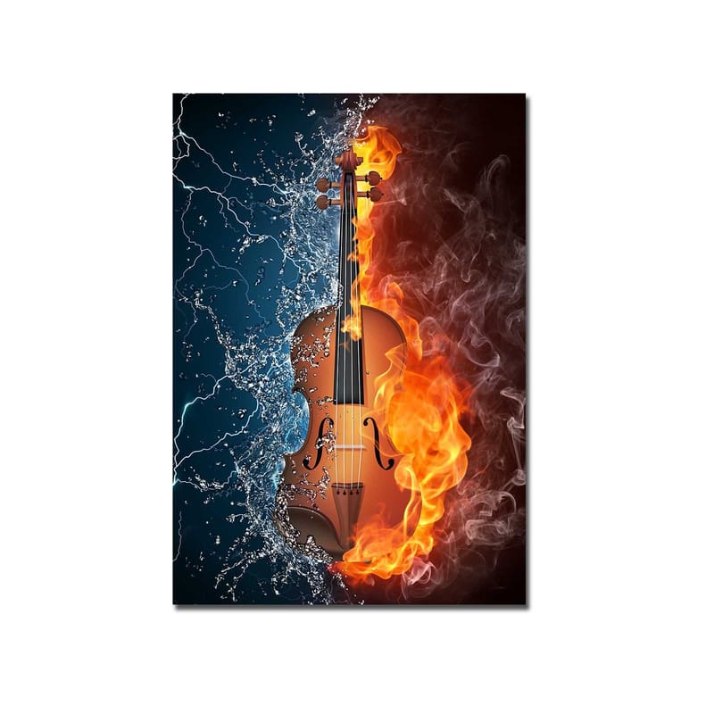 Lærred 70x100 cm - Violin omgivet af ild og vand, der symboliserer kontrasten mellem elementerne - Orange / Blå / Brun - Boligtilbehør - Billeder & kunst - Billeder på lærred