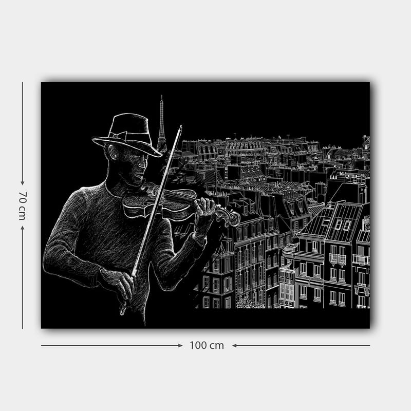 Lærred 70x100 cm - Violinist spiller musik mod en byskyline med Eiffeltårnet i baggrunden - Sort / Hvid - Boligtilbehør - Billeder & kunst - Billeder på lærred