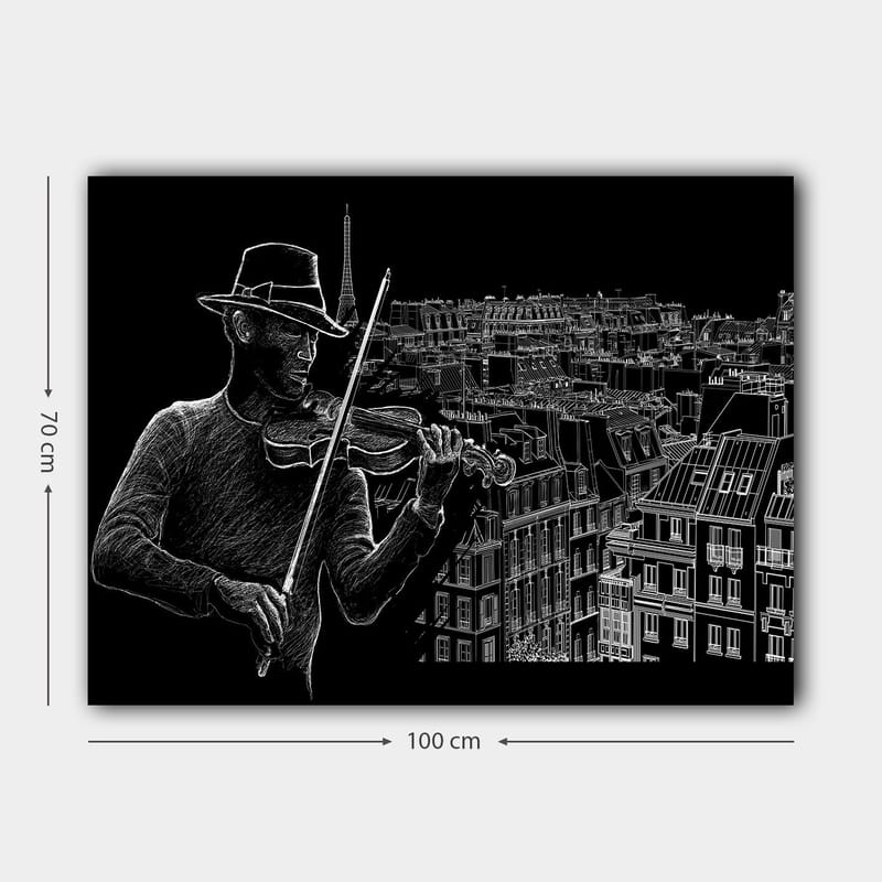 Lærred 70x100 cm - Violinist spiller musik mod en byskyline med Eiffeltårnet i baggrunden - Sort / Hvid - Boligtilbehør - Billeder & kunst - Billeder på lærred