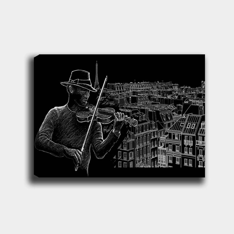 Lærred 70x100 cm - Violinist spiller musik mod en byskyline med Eiffeltårnet i baggrunden, Sort / Hvid