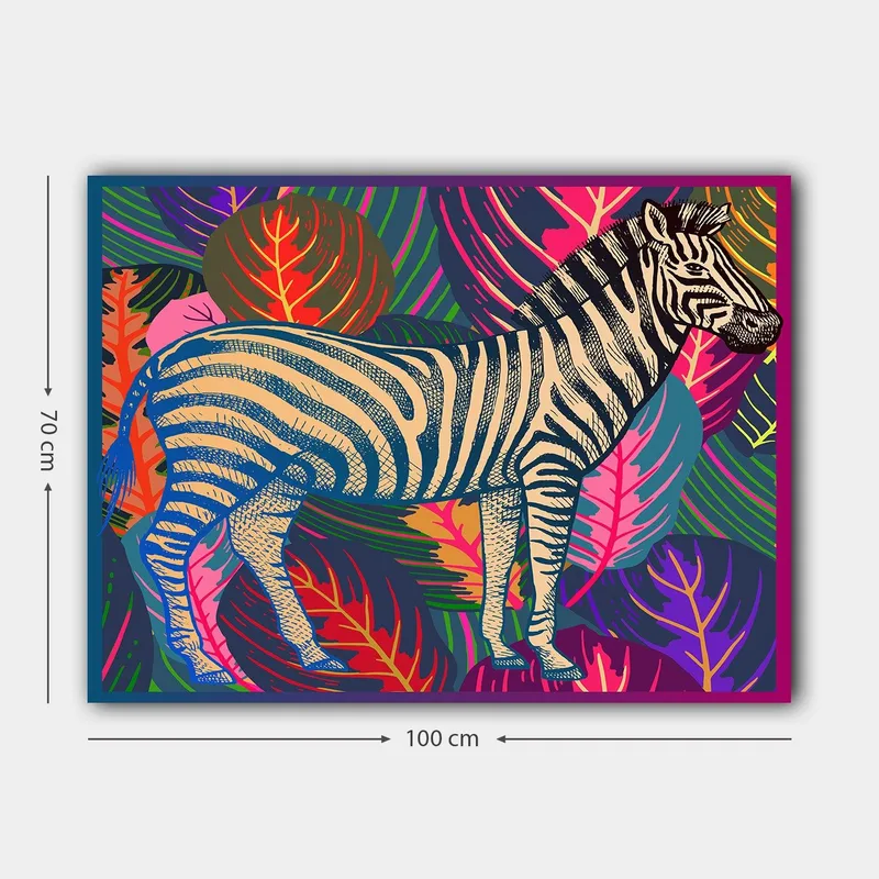 Lærred 70x100 cm - Zebra omgivet af farverige blade og mønstre - Beige / Sort / Lyserød - Boligtilbehør - Billeder & kunst - Billeder på lærred