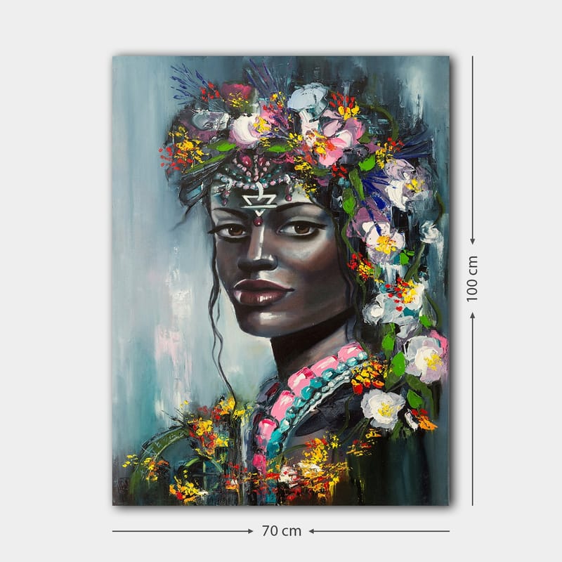 Lærred 70x100 cm - Portræt af en kvinde med blomster i håret og et mystisk udtryk - Sort / Pink / Grøn - Boligtilbehør - Billeder & kunst - Billeder på lærred