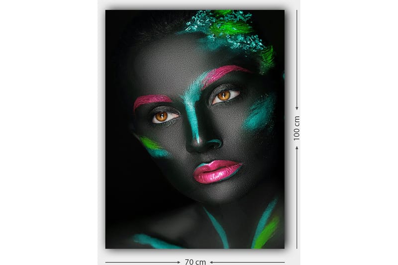 Lærred 70x100 cm - Portræt af en kvinde med farverig ansigtsmaling på en sort baggrund - Sort / Pink / Grøn - Boligtilbehør - Billeder & kunst - Billeder på lærred