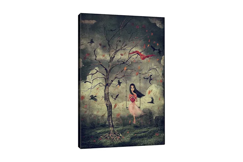 Lærred 70x100 cm - Pige i lyserød kjole gynger fra et træ i drømmeagtige omgivelser med fugle, der svæver omkring hende, Mørkegrøn / Rød / Lyserød