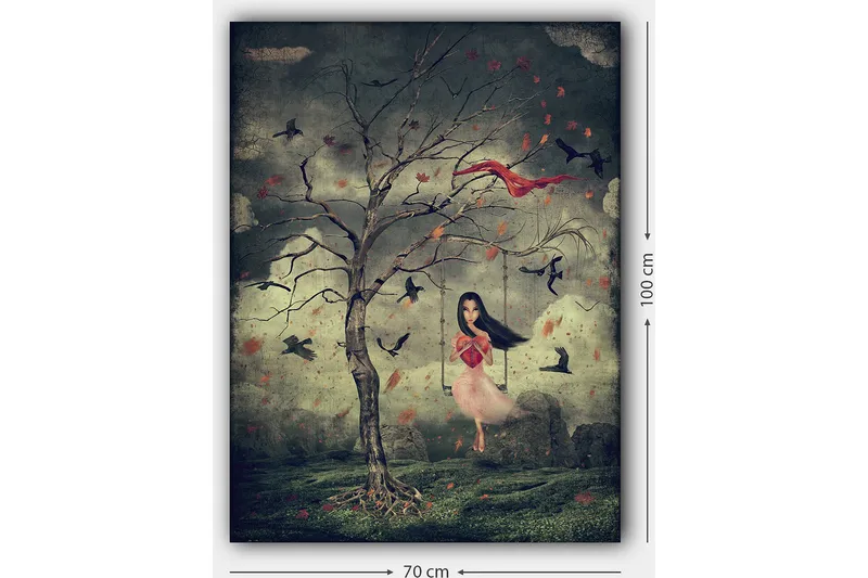 Lærred 70x100 cm - Pige i lyserød kjole gynger fra et træ i drømmeagtige omgivelser med fugle, der svæver omkring hende - Mørkegrøn / Rød / Lyserød - Boligtilbehør - Billeder & kunst - Billeder på lærred