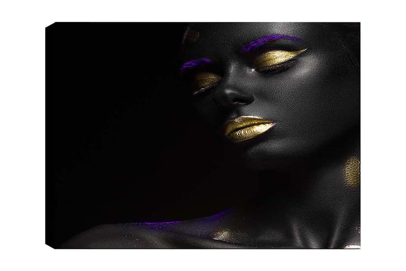 Lærred 70x100 cm - Portræt af en kvinde med sort hud og gyldne læber, fremhævet med lilla detaljer, Sort / Guld / Lilla