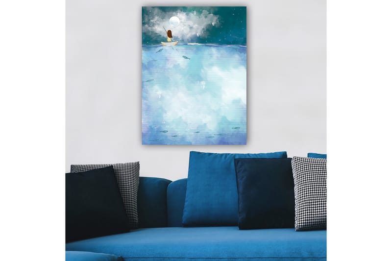 Lærred 70x100 cm - Person siddende i en båd under en stjerneklar nat med en stor måne over sig - Mørkeblå / Lyseblå / Hvid - Boligtilbehør - Billeder & kunst - Billeder på lærred