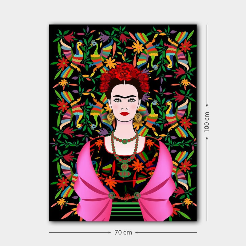 Lærred 70x100 cm - Portræt af en kvinde med traditionelle mexicanske elementer og farverig baggrund - Rød / Grøn / Sort - Boligtilbehør - Billeder & kunst - Billeder på lærred