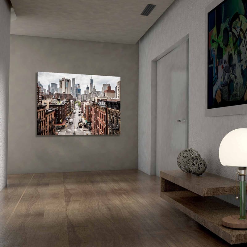 Lærred 70x100 cm - Panoramaudsigt over en by med høje bygninger og travle gader - Mørkerød / Grå / Beige - Boligtilbehør - Billeder & kunst - Billeder på lærred