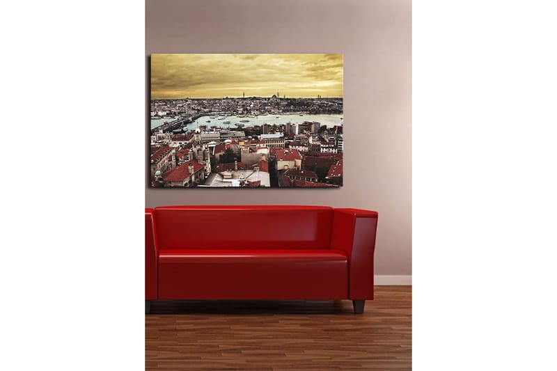 Lærred 70x100 cm - Panoramaudsigt over Istanbul med tegltage og en glitrende vandoverflade - Rød / Turkis / Guld - Boligtilbehør - Billeder & kunst - Billeder på lærred
